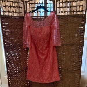 Chic Coral Lace Long Sleeve Dress